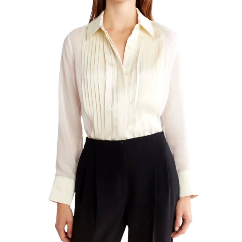 Lauren By Ralph Lauren Women's Medium Cream Pleated Front Collar Button Up Top